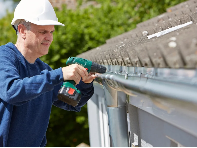 An image showing a professional installing seamless gutters on a house.